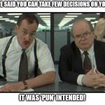 Office Space Bobs | WHEN WE SAID YOU CAN TAKE FEW DECISIONS ON YOUR OWN; IT WAS 'PUN' INTENDED! | image tagged in office space bobs | made w/ Imgflip meme maker