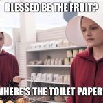 The Handmaid's Tale | BLESSED BE THE FRUIT? WHERE'S THE TOILET PAPER!! | image tagged in the handmaid's tale | made w/ Imgflip meme maker
