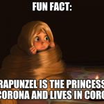 Scared Rapunzel | FUN FACT:; RAPUNZEL IS THE PRINCESS OF CORONA AND LIVES IN CORONA | image tagged in scared rapunzel | made w/ Imgflip meme maker