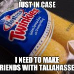 Twinkies  | JUST IN CASE; I NEED TO MAKE FRIENDS WITH TALLAHASSEE | image tagged in twinkies | made w/ Imgflip meme maker