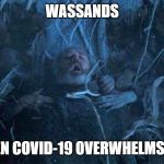 hodor death | WASSANDS; WHEN COVID-19 OVERWHELMS YOU | image tagged in hodor death | made w/ Imgflip meme maker
