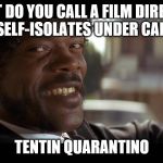 Samuel Jackson Pulp Fiction | WHAT DO YOU CALL A FILM DIRECTOR WHO SELF-ISOLATES UNDER CANVAS? TENTIN QUARANTINO | image tagged in samuel jackson pulp fiction | made w/ Imgflip meme maker