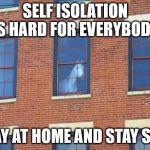 window horse | SELF ISOLATION IS HARD FOR EVERYBODY; STAY AT HOME AND STAY SAFE | image tagged in window horse | made w/ Imgflip meme maker