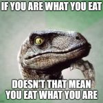 T-Rex wonder | IF YOU ARE WHAT YOU EAT; DOESN'T THAT MEAN YOU EAT WHAT YOU ARE | image tagged in t-rex wonder | made w/ Imgflip meme maker