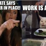 Table Cat | THE STATE SAYS TO SHELTER IN PLACE! WORK IS A PLACE | image tagged in table cat | made w/ Imgflip meme maker