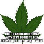 weed | TIME TO KNOCK ON JEHOVAH WITNESS'S DOORS TO TELL THEM ABOUT THE POWER OF WEED | image tagged in weed | made w/ Imgflip meme maker