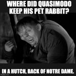 Quasimodo | WHERE DID QUASIMODO KEEP HIS PET RABBIT? IN A HUTCH, BACK OF NOTRE DAME. | image tagged in quasimodo | made w/ Imgflip meme maker