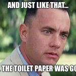 Gump | AND JUST LIKE THAT... ALL THE TOILET PAPER WAS GONE | image tagged in gump | made w/ Imgflip meme maker