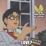 Butterfly anime | WORK CALLING ME "ESSENTIAL"; ME, SINGLE AF; LOVE? | image tagged in butterfly anime | made w/ Imgflip meme maker