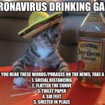 Shots, Shots, Shots! | CORONAVIRUS DRINKING GAME:; ANYTIME YOU HEAR THESE WORDS/PHRASES ON THE NEWS, TAKE A DRINK...
1. SOCIAL DISTANCING
2. FLATTEN THE CURVE
3. TOILET PAPER
4. SIX FEET
5. SHELTER IN PLACE | image tagged in alcohol,coronavirus,drinking games,cat,corona,corona virus | made w/ Imgflip meme maker