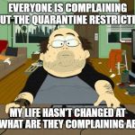 PC Gamer | EVERYONE IS COMPLAINING ABOUT THE QUARANTINE RESTRICTIONS; MY LIFE HASN'T CHANGED AT ALL, WHAT ARE THEY COMPLAINING ABOUT | image tagged in pc gamer | made w/ Imgflip meme maker
