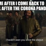 The plague | ME AFTER I COME BACK TO SCHOOL AFTER THE CORONA PANDEMIC. | image tagged in i haven't seen you since the plague,corona virus,pandemic,covid-19,school,coronavirus | made w/ Imgflip meme maker