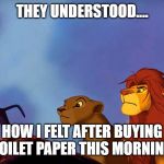Circle of Life | THEY UNDERSTOOD.... HOW I FELT AFTER BUYING TOILET PAPER THIS MORNING | image tagged in circle of life | made w/ Imgflip meme maker