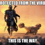 I got this | PROTECTED FROM THE VIRUS; THIS IS THE WAY | image tagged in mandalorian,covid-19,coronavirus body suit,this is the way,i am not worried,stay home | made w/ Imgflip meme maker