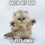 Whoa kitten | BACK  OFF  BUB; 6  FEET  AWAY | image tagged in whoa kitten | made w/ Imgflip meme maker