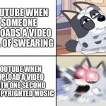 Muffin Moods | YOUTUBE WHEN SOMEONE UPLOADS A VIDEO FULL OF SWEARING; YOUTUBE WHEN I UPLOAD A VIDEO WITH ONE SECOND OF COPYRIGHTED MUSIC | image tagged in muffin moods | made w/ Imgflip meme maker