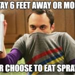 SHELDON 6 FEET | STAY 6 FEET AWAY OR MORE; OR CHOOSE TO EAT SPRAY! | image tagged in sheldon 6 feet | made w/ Imgflip meme maker