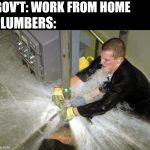 Plumber | GOV'T: WORK FROM HOME; PLUMBERS: | image tagged in plumber | made w/ Imgflip meme maker