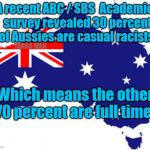 30 Percent of Australians are Casual Racists | A recent ABC / SBS  Academics survey revealed 30 percent of Aussies are casual racists. YARRA MAN; Which means the other 70 percent are full time. | image tagged in 30 percent of australians are casual racists | made w/ Imgflip meme maker