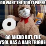 I don't feel safe in my own home anymore... | YOU WANT THE TOILET PAPER? GO AHEAD BUT, THE LYSOL HAS A HAIR TRIGGER | image tagged in coronavirus toy | made w/ Imgflip meme maker