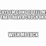 I’m nervous guys. | GUYS I’M GOING TO TELL MY GF THAT I HAVE A CRUSH ON HER; WISH ME LUCK | image tagged in meme | made w/ Imgflip meme maker