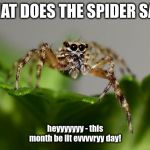 What Does The Spider Say? | WHAT DOES THE SPIDER SAY? heyyyyyyy - this month be lit evvvvryy day! | image tagged in what does the spider say | made w/ Imgflip meme maker