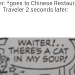 Waiter! There's a cat in my soup! | Traveler: *goes to Chinese Restaurants*
Traveler 2 seconds later: | image tagged in waiter there's a cat in my soup | made w/ Imgflip meme maker