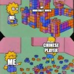 Bart breaks Lisa's castle | MY MINECRAFT HOUSE; ME; CHINESE PLAYER; ME | image tagged in bart breaks lisa's castle | made w/ Imgflip meme maker