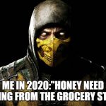 this face ( starring scorpion) | ME IN 2020:"HONEY NEED ANYTHING FROM THE GROCERY STORE?" | image tagged in this face  starring scorpion | made w/ Imgflip meme maker