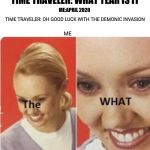 the what? | TIME TRAVELER: WHAT YEAR IS IT; ME:APRIL 2020; TIME TRAVELER: OH GOOD LUCK WITH THE DEMONIC INVASION; ME | image tagged in the what | made w/ Imgflip meme maker
