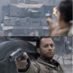 Tom hanks shooting a tank meme