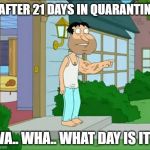 Quagmire Big Arm | AFTER 21 DAYS IN QUARANTINE; WA.. WHA.. WHAT DAY IS IT? | image tagged in quagmire big arm | made w/ Imgflip meme maker