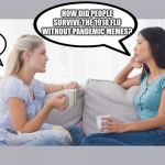Two women talking | HOW DID PEOPLE SURVIVE THE 1918 FLU WITHOUT PANDEMIC MEMES? THEY DIDN’T. | image tagged in two women talking | made w/ Imgflip meme maker