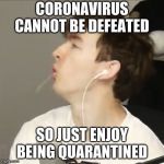 Flamingo | CORONAVIRUS CANNOT BE DEFEATED; SO JUST ENJOY BEING QUARANTINED | image tagged in flamingo | made w/ Imgflip meme maker