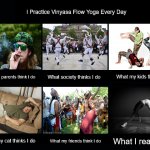 What People Think I Do / What I Really Do | I Practice Vinyasa Flow Yoga Every Day; What my kids think I do; What society thinks I do; What my parents think I do; What my friends think I do; What I really do; What my cat thinks I do | image tagged in what people think i do / what i really do | made w/ Imgflip meme maker
