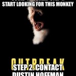 Outbreak | COVID-19 CURE....  STEP 1. START LOOKING FOR THIS MONKEY; STEP 2. CONTACT DUSTIN HOFFMAN | image tagged in outbreak | made w/ Imgflip meme maker