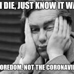 Boredom | IF I DIE, JUST KNOW IT WAS; OF BOREDOM, NOT THE CORONAVIRUS! | image tagged in boredom | made w/ Imgflip meme maker