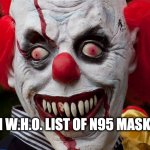 Creepy clown | #1  ON W.H.O. LIST OF N95 MASK FAILS | image tagged in creepy clown | made w/ Imgflip meme maker