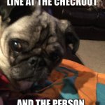 New norm | WHEN YOUR IN LINE AT THE CHECKOUT; AND THE PERSON BEHIND YOU SNEEZES | image tagged in new norm,covid-19,and everybody loses their minds,social distancing,pug,pug life | made w/ Imgflip meme maker