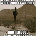Cactus finger | WHEN YOUR IN THE DESERT WHERE YOUR EX WIFE DIED; AND HER SOUL COME TO HAUNT YOU | image tagged in cactus finger | made w/ Imgflip meme maker