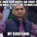 Disappointed Cricket Fan | ME: OWW HOW HAPPY I AM TODAY. SO THIS IS WHAT IT FEELS LIKE TO HAVE A HEART. MY SEROTONIN: | image tagged in disappointed cricket fan | made w/ Imgflip meme maker