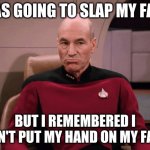 you're welcome TrainWreck | WAS GOING TO SLAP MY FACE; BUT I REMEMBERED I CAN'T PUT MY HAND ON MY FACE | image tagged in picard frowny face | made w/ Imgflip meme maker
