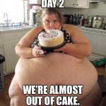 Fat Woman | DAY 2; WE’RE ALMOST OUT OF CAKE. | image tagged in fat woman | made w/ Imgflip meme maker