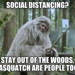 Sasquatch: Stay out of the woods | SOCIAL DISTANCING? STAY OUT OF THE WOODS,
SASQUATCH ARE PEOPLE TOO! | image tagged in sasquatch stay out of the woods | made w/ Imgflip meme maker