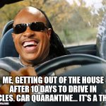 Stevie Wonder Driving | ME, GETTING OUT OF THE HOUSE AFTER 10 DAYS TO DRIVE IN CIRCLES. CAR QUARANTINE... IT'S A THING. | image tagged in stevie wonder driving | made w/ Imgflip meme maker