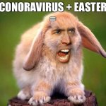 Bunny Nic Cage | CONORAVIRUS + EASTER
= | image tagged in bunny nic cage | made w/ Imgflip meme maker