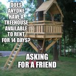 Tree House | DOES ANYONE HAVE A TREEHOUSE AVAILABLE TO RENT FOR 14 DAYS? ASKING FOR A FRIEND | image tagged in tree house | made w/ Imgflip meme maker