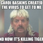 Joe Exotic | CAROL BASKINS CREATED THE VIRUS TO GET TO ME; AND NOW IT'S KILLING TIGERS | image tagged in joe exotic | made w/ Imgflip meme maker