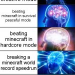 Minecraft And Brain. | Beating minecraft in creative mode; beating minecraft in survival peaceful mode; beating minecraft in hardcore mode; breaking a minecraft world record speedrun; beating minecraft in spectator mode | image tagged in 5-tier expanding brain,memes,expanding brain,minecraft | made w/ Imgflip meme maker