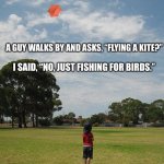 kite | I WAS TEACHING MY KID TO FLY A KITE. A GUY WALKS BY AND ASKS, “FLYING A KITE?”; I SAID, “NO, JUST FISHING FOR BIRDS.” | image tagged in kite,kids,stupid people,sarcasm,millennials,nosy people | made w/ Imgflip meme maker